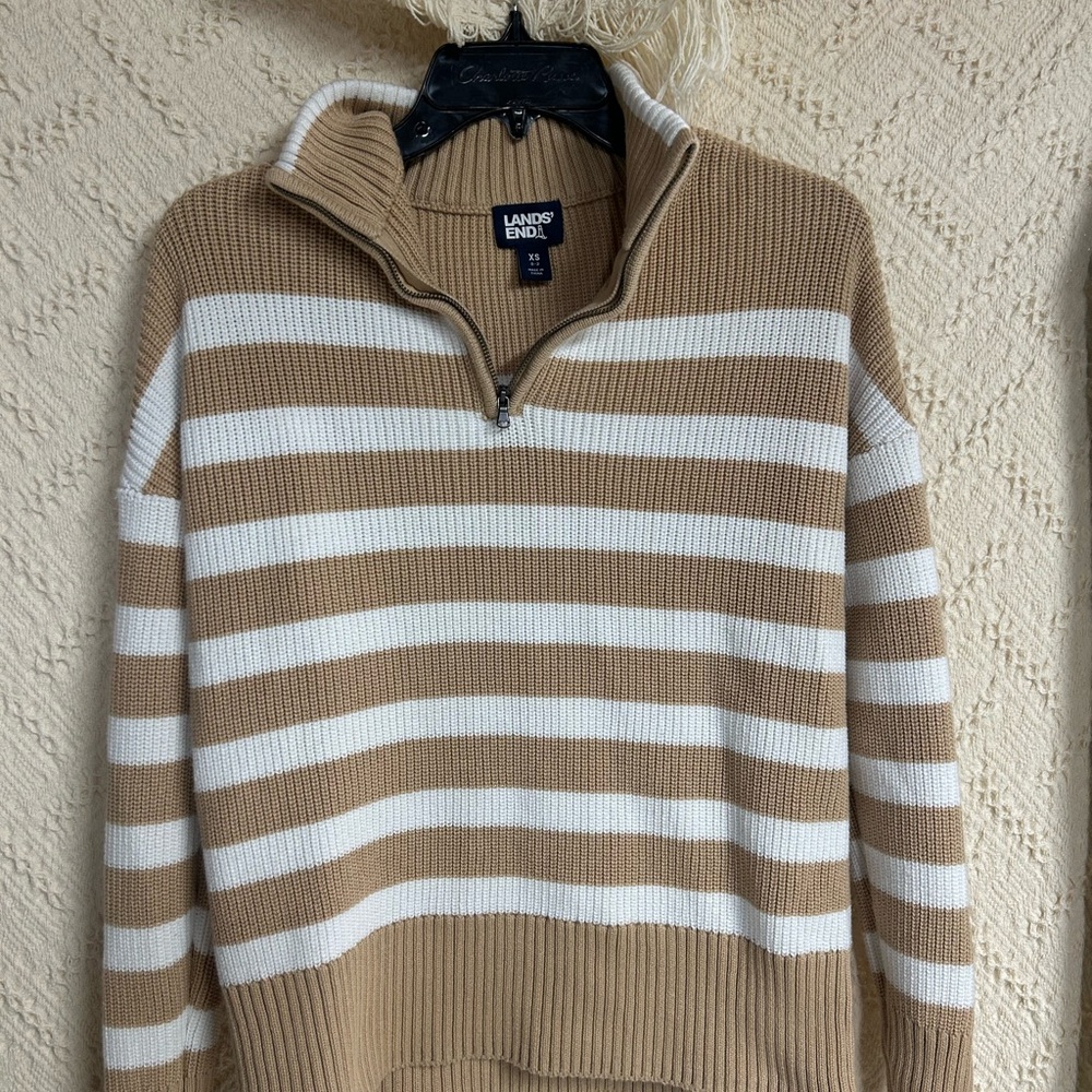 Lands' End Women's Tan and White Zip-Up Sweater
